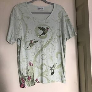Cactus Bay Hummingbird Tee Shirt Top XL green Rhinestones Bling 100% cotton